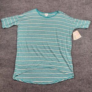 LulaRoe Irma Tunic Top Womens Medium Teal Gray Striped High Low Short Sleeve NEW